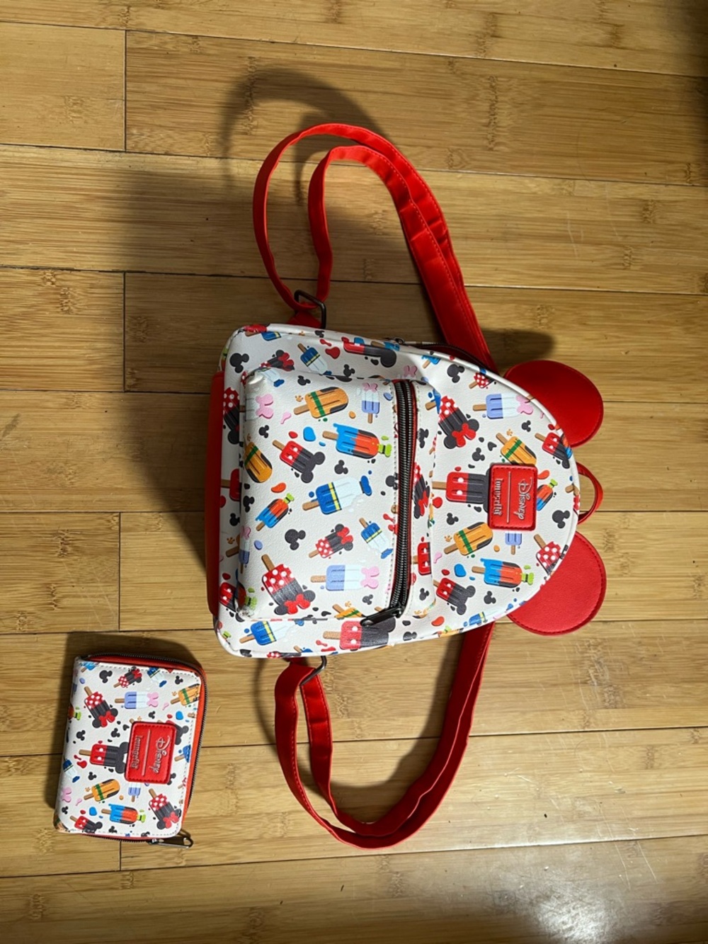 Disney White Backpack and Wallet with Red Accents and Multicolor Popsicle Print
